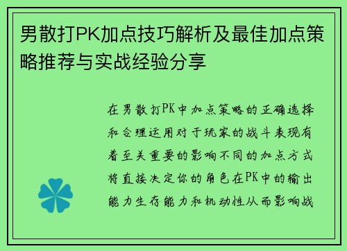 男散打PK加点技巧解析及最佳加点策略推荐与实战经验分享